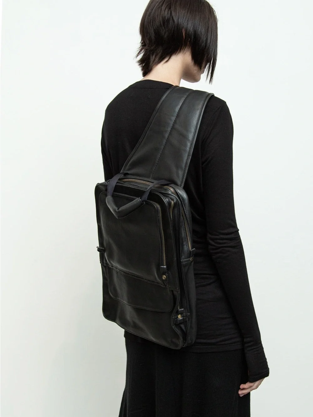 Nicholas K Black Leather Sling Pack One Strap Backpack Utilitarian Avant Garde